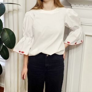 Vivetta Ruffle-Sleeve Embroidered Lips White Top Size 6